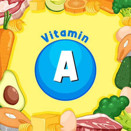 Illustrated banner showcasing a variety of Vitamin A-rich foodsのイラスト素材