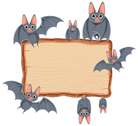 Vector cartoon illustration of bats in flight and perched on a wooden board frameのイラスト素材