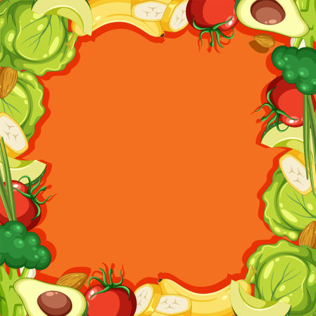 Colorful vector illustration of fruits and vegetables on an orange backgroundのイラスト素材