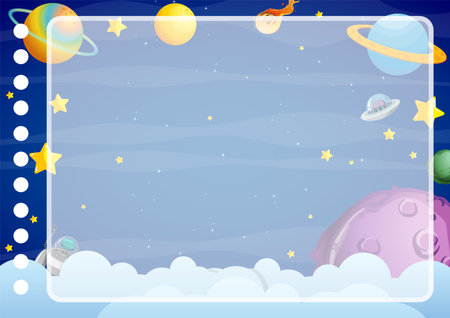Colorful cartoon illustration of an outer space scene with multiple planetsのイラスト素材