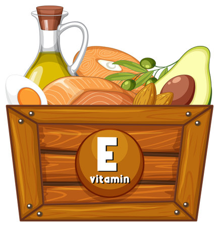 Illustration of a crate filled with various food items rich in Vitamin E for educational purposesのイラスト素材