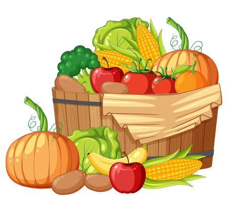 Illustration of a wooden barrel containing organic fruits and vegetablesのイラスト素材