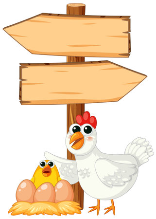 Illustration of hen, eggs, chick, and wooden sign with directional arrowのイラスト素材