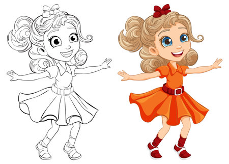 A joyful cartoon girl dancing with coloring pagesのイラスト素材
