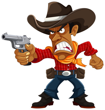 An angry cowboy wearing a hat holds a gun in this cartoon illustrationのイラスト素材
