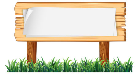 Isolated vector cartoon illustration of a blank wooden signboard with green grass underneathのイラスト素材