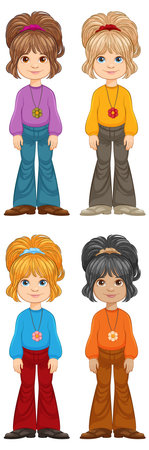 Four cartoon kids with different hairstyles and clothes.のイラスト素材