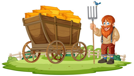 Cartoon farmer standing next to a hay-filled wagon.のイラスト素材