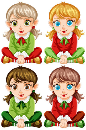 Cartoon illustrations of four different girls sitting.のイラスト素材
