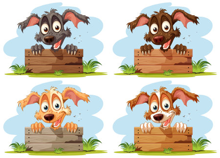 Four cartoon dogs showing different emotions and colors.のイラスト素材