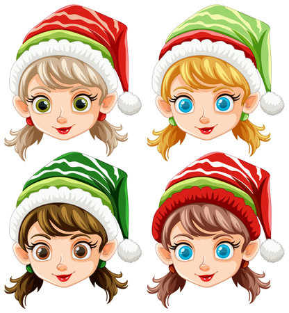 Four elf avatars wearing colorful Christmas hats.のイラスト素材