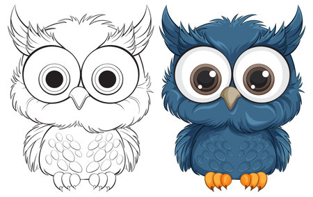 Two stylized owls, one colored and one outlined.のイラスト素材