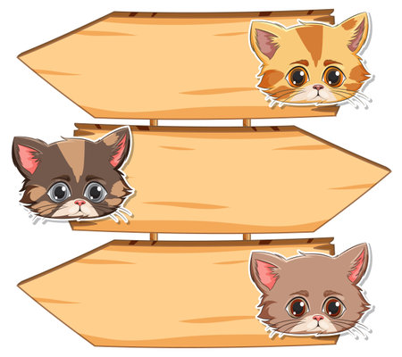 Three adorable kittens peeking over sign arrowsのイラスト素材