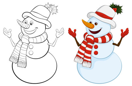 Two snowmen with hats and scarves, one colored.のイラスト素材
