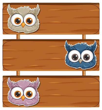 Three cartoon owls perched on blank wooden signs.のイラスト素材