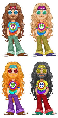 Four variations of a hippie character in colorful attire.のイラスト素材