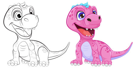 Colorful and outlined dinosaur characters smiling.のイラスト素材
