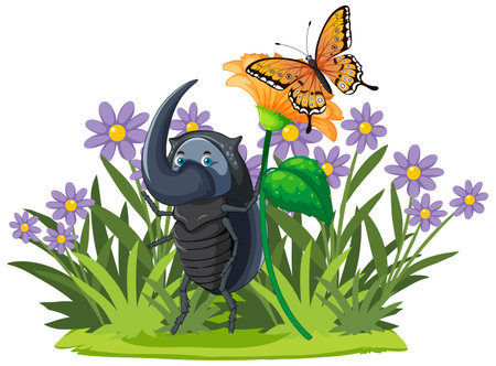 Cartoon beetle and butterfly among purple flowersのイラスト素材