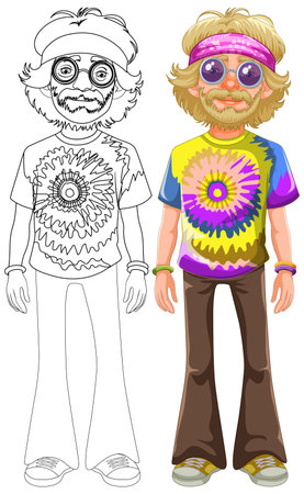 Colorful and black-and-white hippie character vector.のイラスト素材
