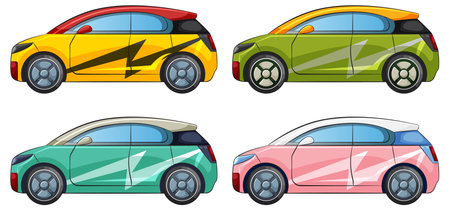 Four stylized vector cars with vibrant patternsのイラスト素材