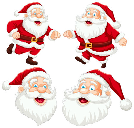 Four cheerful Santa Claus illustrations in various poses.のイラスト素材
