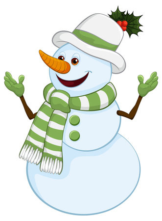 Smiling snowman with hat and scarf, festive mood.のイラスト素材