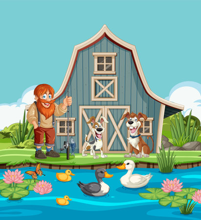 Illustration of a farmer with animals near a barn.のイラスト素材