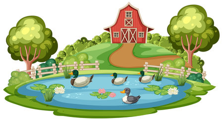 Vector illustration of ducks swimming in a farm pondのイラスト素材
