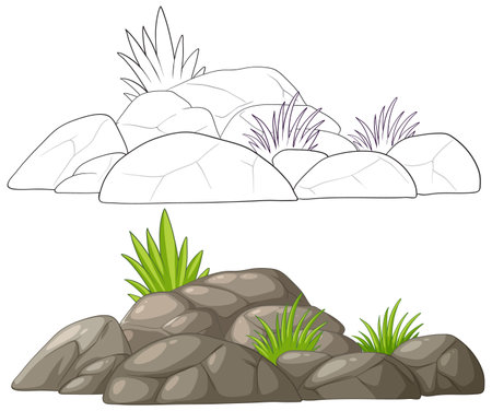 Simple rock formation with green plants vector.のイラスト素材