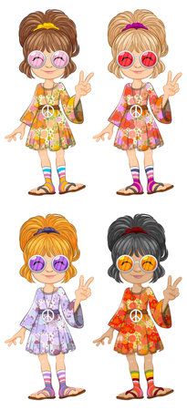 Four girls in vintage outfits showing peace signsのイラスト素材