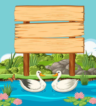 Two ducks swimming near a blank wooden sign.のイラスト素材