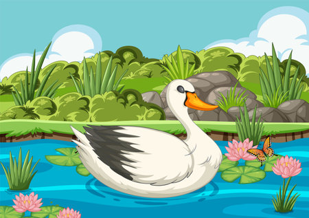 A graceful swan floats among water lilies and butterflies.のイラスト素材