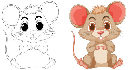 Two styles of a cartoon mouse, colored and line art.のイラスト素材