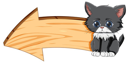 Adorable cartoon kitten beside a blank arrow sign.のイラスト素材