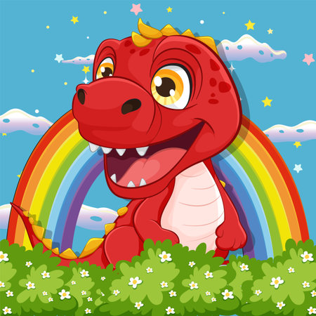 Happy cartoon dragon in a colorful meadow.のイラスト素材