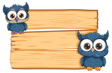 Two cartoon owls perched on a blank sign.のイラスト素材