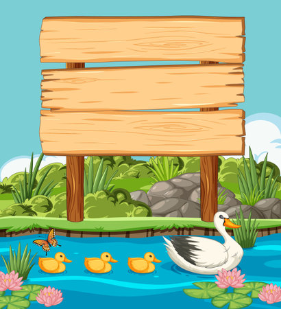 Vector illustration of ducks near a blank signのイラスト素材