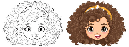 Black and white and colored versions of a cartoon girlのイラスト素材
