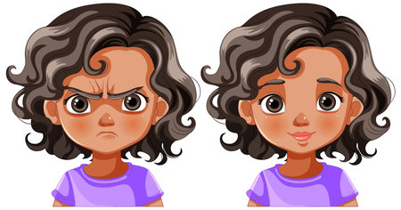 Illustration of a girl showing anger and happinessのイラスト素材
