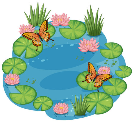 Colorful butterflies hovering over a tranquil pondのイラスト素材