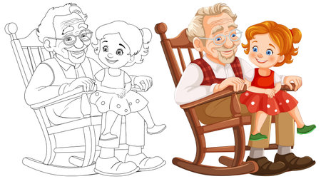 Colorful and line art of grandparent with childのイラスト素材