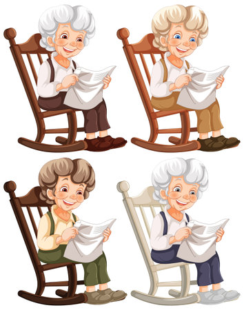 Four elderly women knitting, sitting in rocking chairs.のイラスト素材