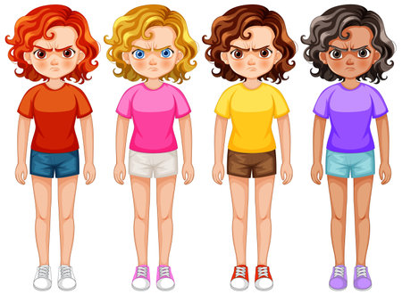 Four cartoon girls showing different facial expressions.のイラスト素材
