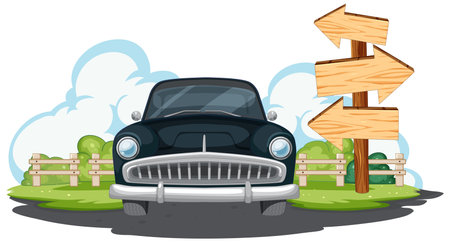 Classic car facing wooden directional arrows on a road.のイラスト素材