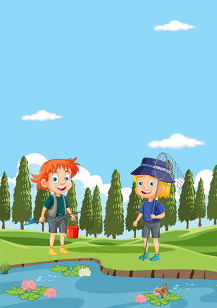 Two happy kids ready for a fishing day outdoors.のイラスト素材