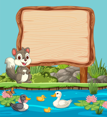 Squirrel, ducks, and signboard by a tranquil pondのイラスト素材