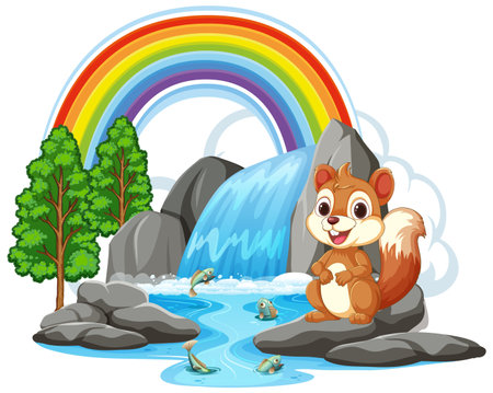 A happy squirrel sits near a waterfall with a rainbow.のイラスト素材