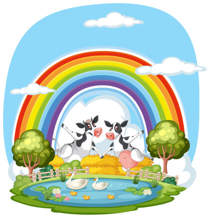 Cartoon farm animals enjoying a sunny day outdoorsのイラスト素材