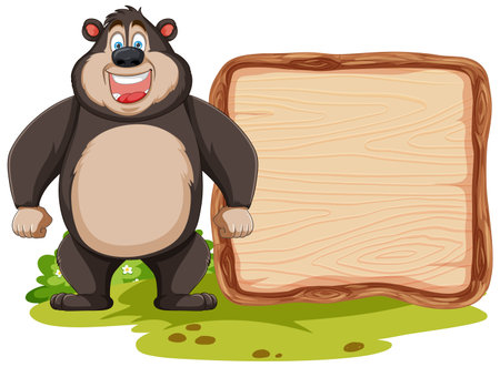 Smiling cartoon bear standing next to a signのイラスト素材