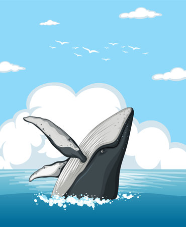 Illustration of a whale tail breaching the sea surface.のイラスト素材